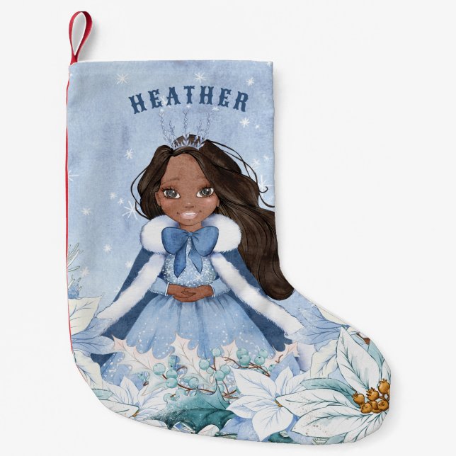 Snowy Winter African American Princess Small Christmas Stocking (Front)