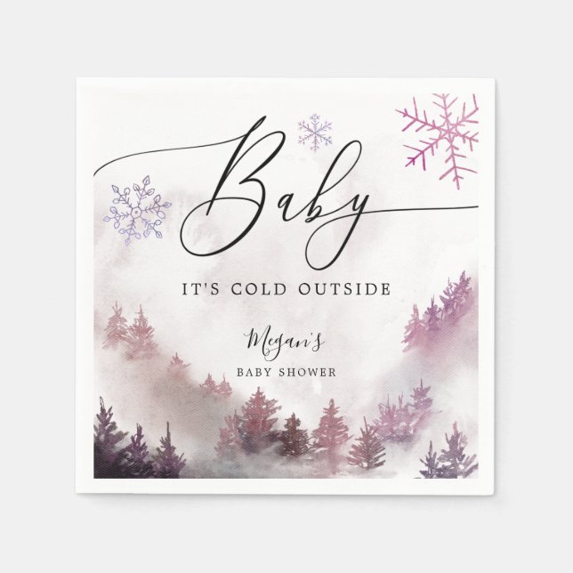 Snowy Winter Baby Shower Pink Snowflakes  Napkin (Front)