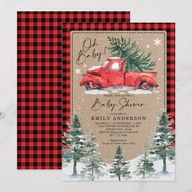 Snowy Winter Baby Shower Red Truck Pine Tree Invitation (Front/Back)