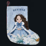 Snowy Winter Black Haired Princess Small Christmas Stocking<br><div class="desc">This adorable snowy winter Princess stocking features a beautiful young princess with black hair wearing a blue and white snowflake gown and warm fur lined cape. The princess is surrounded by poinsettias. You can personalise with your princess's name!</div>