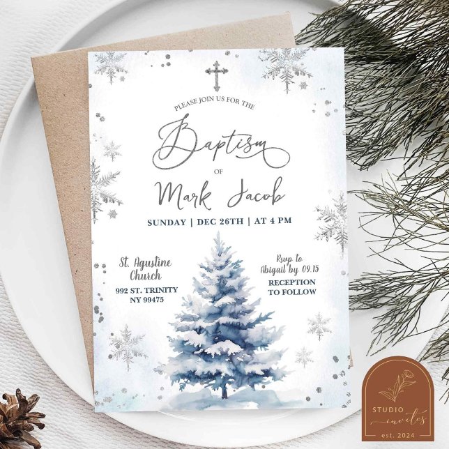 Snowy Winter Blue Boy Christmas Baptism Day  Invitation (Creator Uploaded)