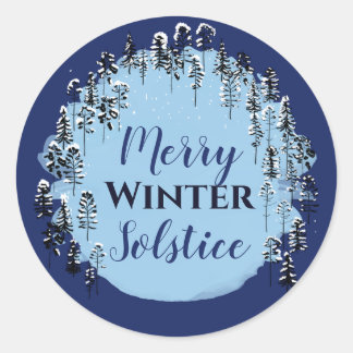 Snowy Winter Blue Forest Merry Solstice Holiday Classic Round Sticker