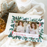 Snowy Winter Botanical Merry Christmas 2 Photo Holiday Card<br><div class="desc">Send warm holiday greetings to family and friends with an elegant holiday photo card by Late Bloom Paperie! The festive card features two of your favourite photos framed by painted red flowers, cotton blooms, holly berries, eucalyptus leaves, and pine boughs. "Merry Christmas" is displayed in a dark red calligraphy script...</div>