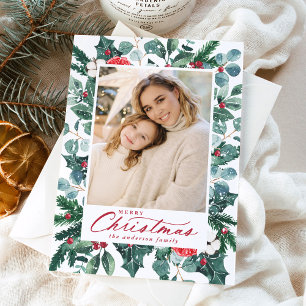 Snowy Winter Botanical Merry Christmas Photo Holiday Card