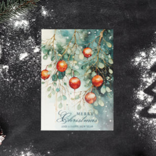 Snowy Winter Botanical & Ornaments Christmas Holiday Postcard