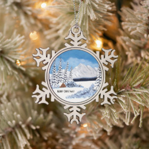 Snowy Winter Bright Snowflake Pewter Christmas Ornament