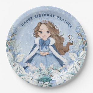 Snowy Winter Brunette Princess Birthday Paper Plate