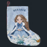 Snowy Winter Brunette Princess Small Christmas Stocking<br><div class="desc">This adorable snowy winter Princess stocking features a beautiful young princess with brown hair wearing a blue and white snowflake gown and warm fur lined cape. The princess is surrounded by poinsettias. You can personalise with your princess's name!</div>