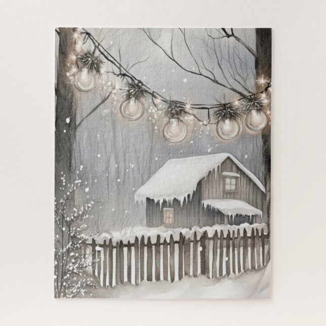Snowy Winter Cabin String Lights Jigsaw Puzzle (Vertical)