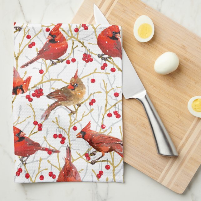 Snowy Winter Cardinals Winterberry Christmas  Tea Towel (Quarter Fold)
