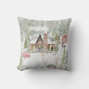 Snowy Winter Christmas Cabin Scene Cushion