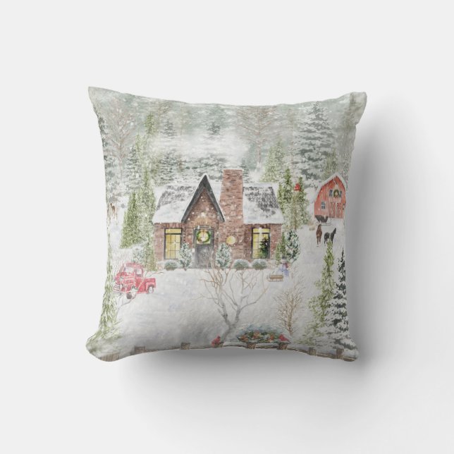 Snowy Winter Christmas Cabin Scene Cushion (Front)