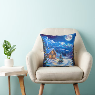Snowy Winter Christmas Moon Night Cabin Cushion