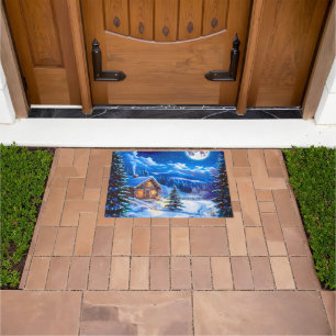 Snowy Winter Christmas Moon Night Cabin Doormat