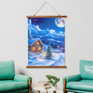 Snowy Winter Christmas Moon Night Cabin Hanging Tapestry