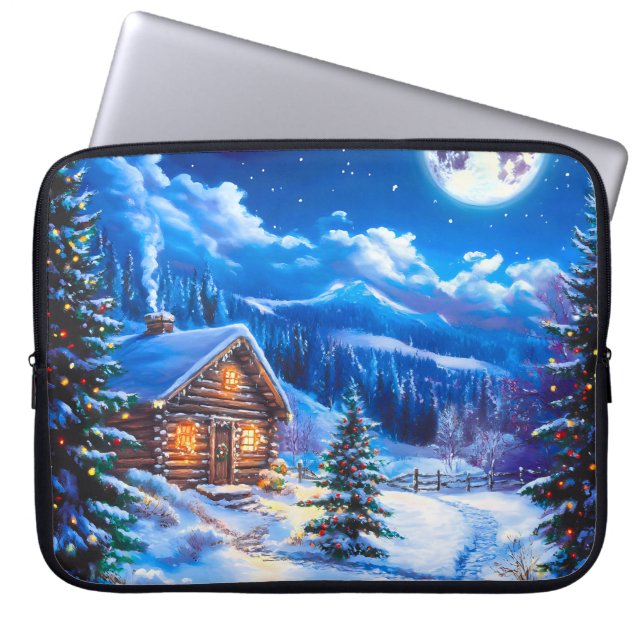 Snowy Winter Christmas Moon Night Cabin Laptop Sleeve (Front)