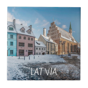 Snowy winter city center in Riga, Latvia Ceramic Tile