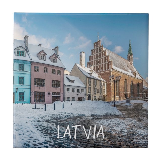 Snowy winter city center in Riga, Latvia Ceramic Tile (Front)