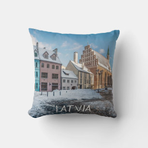 Snowy winter city center in Riga, Latvia Cushion