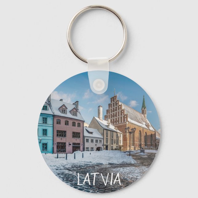 Snowy winter city center in Riga, Latvia Key Ring (Front)