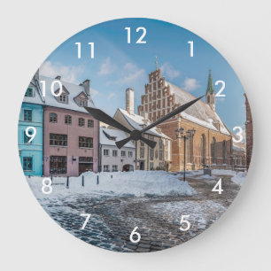 Snowy winter city center in Riga, Latvia Large Clock