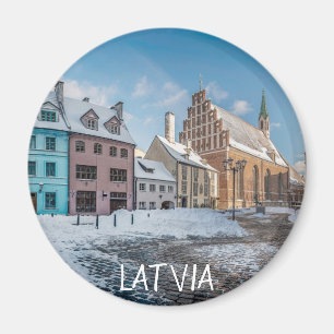 Snowy winter city center in Riga, Latvia Magnet