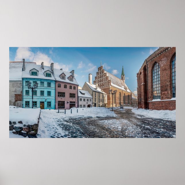 Snowy winter city center in Riga, Latvia Poster (Front)