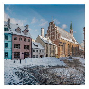 Snowy winter city center in Riga, Latvia Poster
