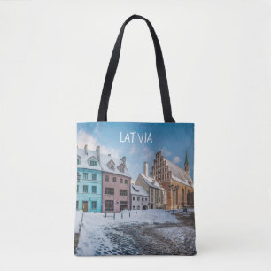 Snowy winter city center in Riga, Latvia Tote Bag