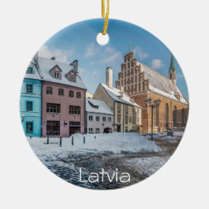 Snowy winter city centre in Riga, Latvia Ceramic Ornament