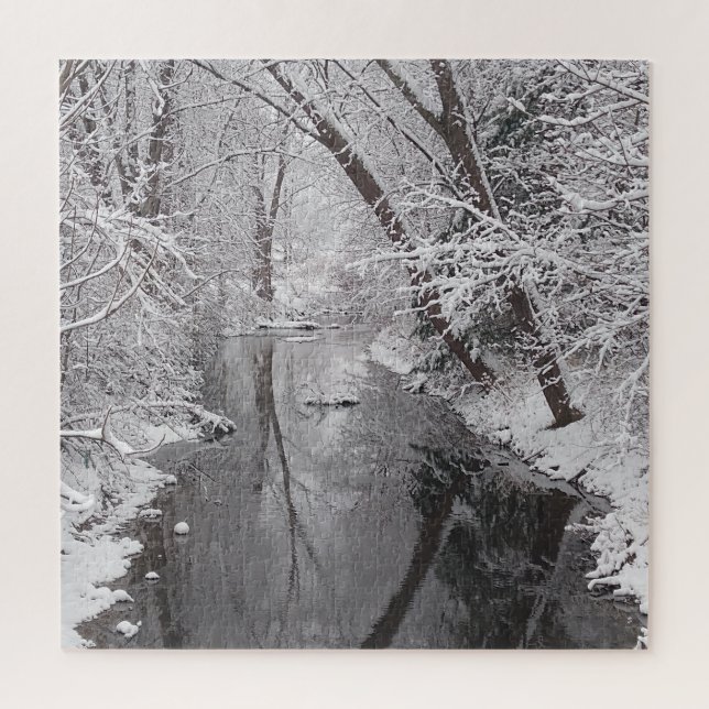 Snowy Winter Creek Tree Reflections Puzzle (Vertical)
