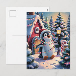 Snowy Winter Cute Penguin in Santa Hat Christmas   Holiday Postcard