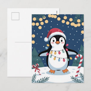 Snowy Winter Cute Penguin in Santa Hat Christmas   Holiday Postcard