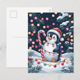 Snowy Winter Cute Penguin in Santa Hat Christmas   Holiday Postcard