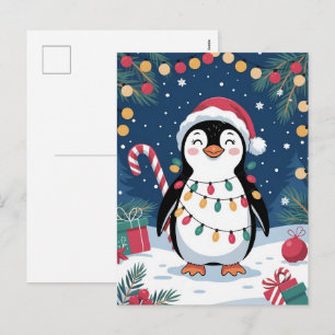 Snowy Winter Cute Penguin in Santa Hat Christmas   Holiday Postcard
