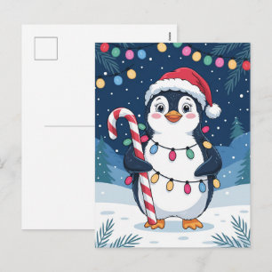 Snowy Winter Cute Penguin in Santa Hat Christmas   Holiday Postcard