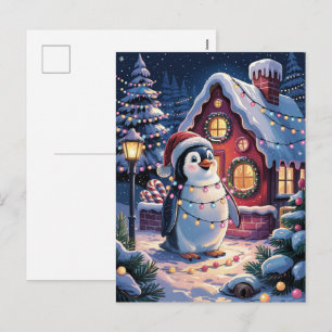 Snowy Winter Cute Penguin in Santa Hat Christmas   Holiday Postcard