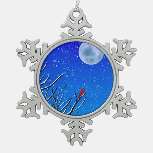 Snowy winter day, bright red cardinal, rising moon snowflake pewter christmas ornament (Front)