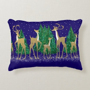 Snowy Winter Deer in Wooded Forest Blue Decorative Cushion