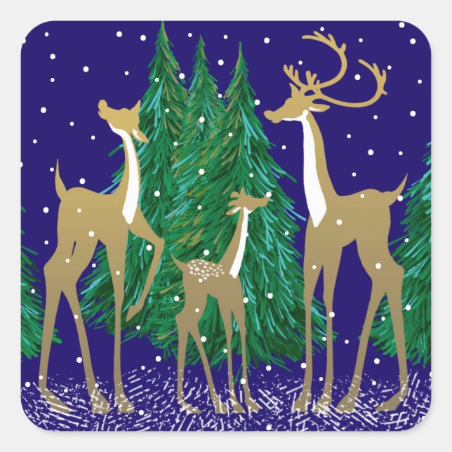 Snowy Winter Deer in Wooded Forest | Blue |  Square Sticker (Front)