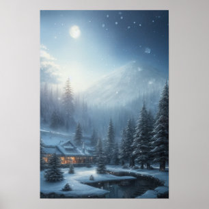 Snowy Winter Evening, A Cosy House in the Forest Poster