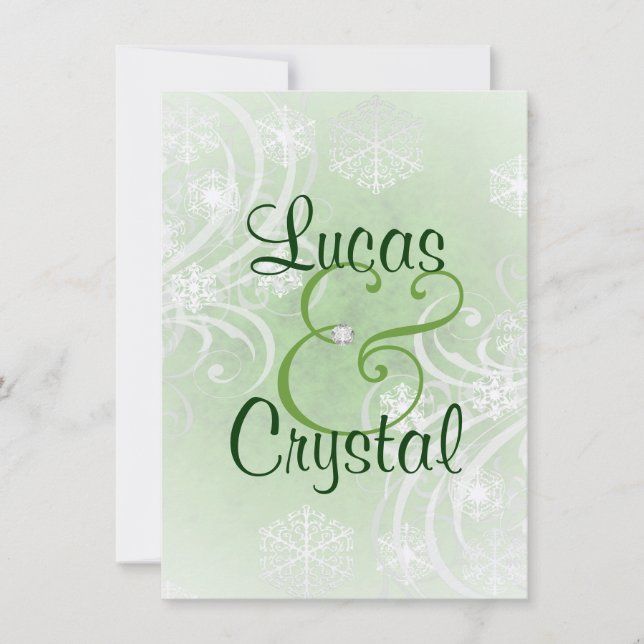 Snowy Winter Flourish Green Wedding Invitation (Front)