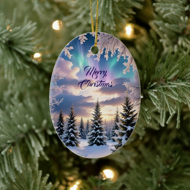 Snowy winter forest, ice crystals, northern lights ceramic ornament (Tree)