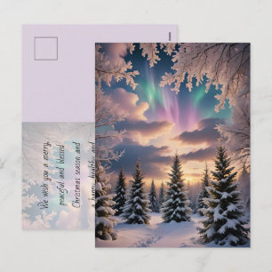 Snowy winter forest, ice crystals, northern lights holiday postcard
