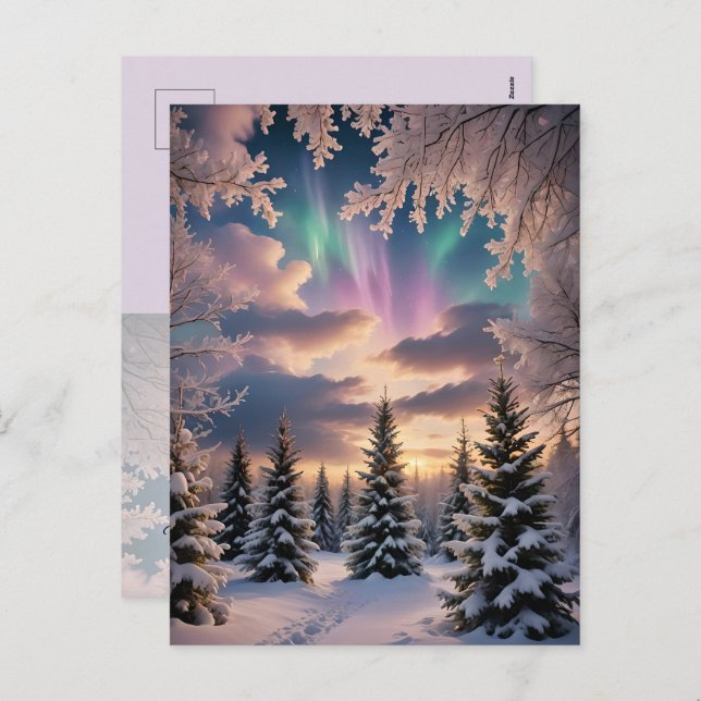 Snowy winter forest, ice crystals, northern lights holiday postcard (Front/Back)