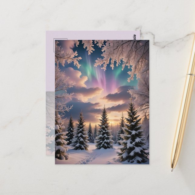 Snowy winter forest, ice crystals, northern lights postcard (Front/Back In Situ)