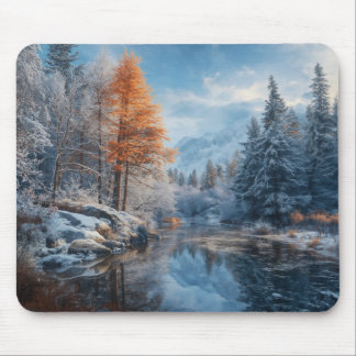 Snowy Winter Forest Lake Mouse Pad