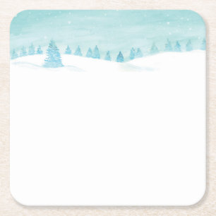 Snowy Winter Forest Landscape With Spruce Trees  Square Paper Coaster