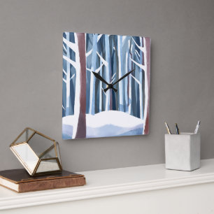 Snowy Winter Forest   Modern Simple Watercolor Square Wall Clock