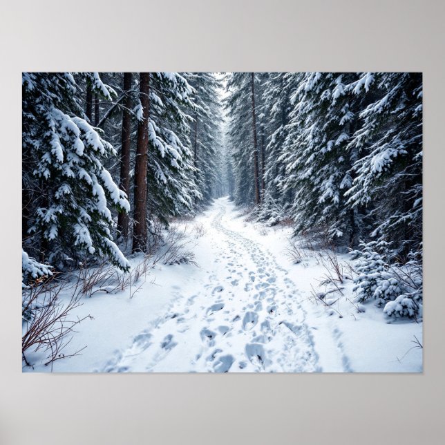 Snowy Winter Forest Path With Footprints Hiking Poster (Front)